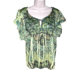 Womens Top Embroidered Bib Lace Back Tie Die Blouse u Green Size XL Boho Shirt E